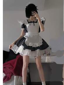 1pc Dreamy Minimalist Cute Maid Cafe Style Lolita Dress, Ruffled Apron, Puff Sleeves, Lace Trim, Recommended To Pair With Petticoat, Suitable For Daily Casual Wear And Photoshoot - Multicolor - View 9
