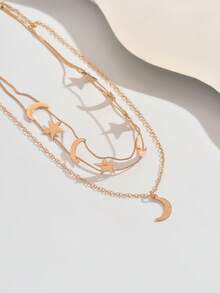 1pc Vintage Middle Eastern Crescent Moon & Star Pendant Necklace, Minimalist Double Layer Choker Necklace, Holiday Gift Jewelry - Yellow Gold - View 4