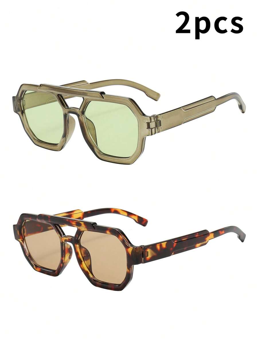 1pc Unisex Square Frame PC Material Glasses, Minimalist Stylish High-End Fashion, Suitable For Travel, Leisure, Party, Beach, Daily Wear - 2-piece Combo Pack (Green Green Tortoiseshell Tea) - View 1