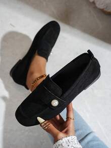 New Fashion Metal Buckle Decor Strap Slip-On Shoes, Stylish Loafers, Comfortable Non-Slip Versatile Design Suitable For Daily Wear And Commuting - Black - View 5