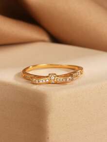 1pc S925 Sterling Silver Bowknot Cubic Zirconia Plated Gold Ring, Fashion Minimalist Jewelry Gift For Women, Mothers, Girlfriends, Friends, Versatile Daily Wear - Gold - View 4