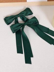 2 件装女士发夹，深绿色流苏蝴蝶结发夹，长尾，纯色缎面涤纶鳄鱼夹，时尚发饰，发卡，头饰 - 墨綠色 - 查看 4