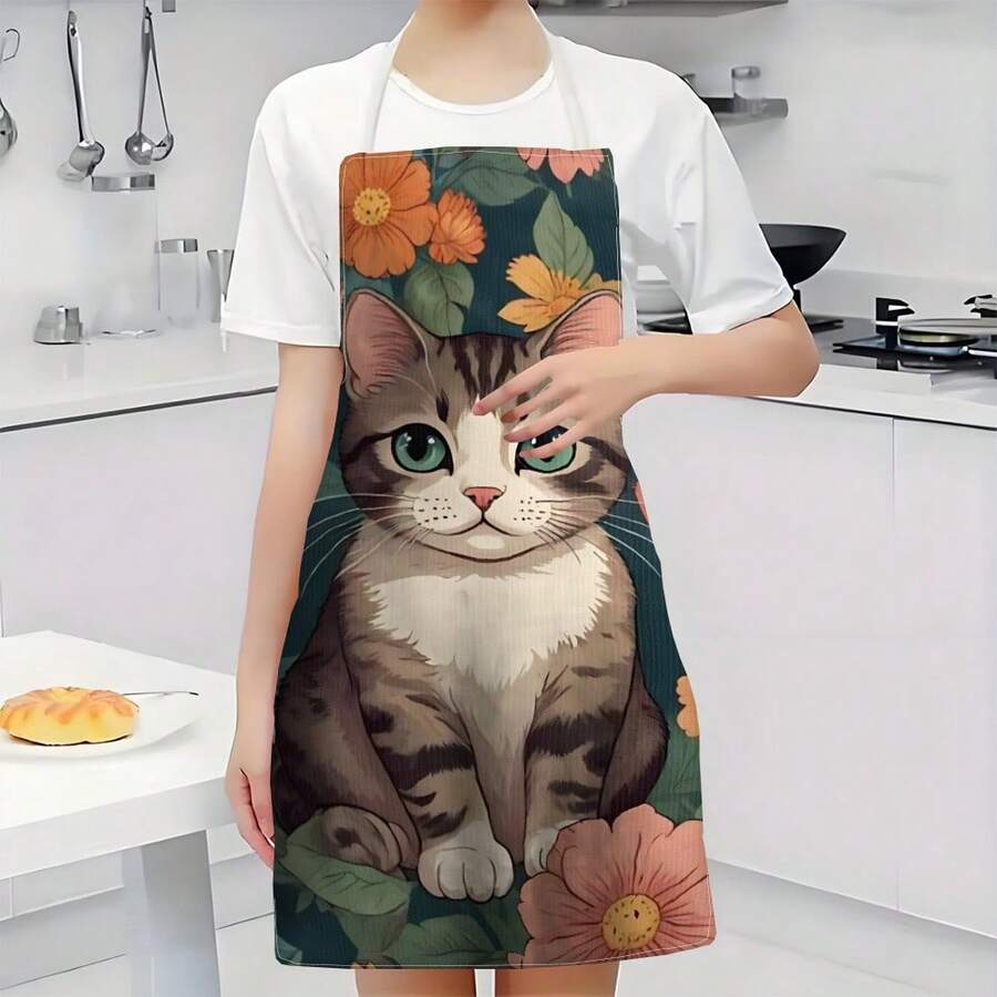 1 chiếc tạp dề in hình mèo, 100% polyester, không tay, thiết kế dây đeo cổ, thích hợp cho nấu ăn, làm bánh và giải trí, tuyệt vời cho nhà bếp gia đình, tiệc tùng, tiệc nướng ngoài trời, tạp dề làm bánh | Tạp dề rực rỡ | Tạp dề polyester | Tạp dề in họa tiết - Nhiều màu - Xem 1
