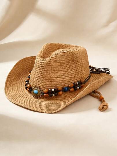 1pc Unisex Wide Brimmed Straw Hat, Sun Protection Western Cowboy Hat/Cowboy Hat, Summer Beach Sun Protection Rope Hat, Portable Folding Design,The Color Of The Windproof Rope For The Hat Is Random.