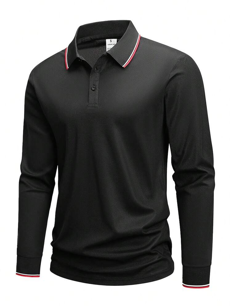 男士长袖 Polo 衫，撞色领，户外运动健身，舒适透气，黑色 - 黑色 - 查看 5