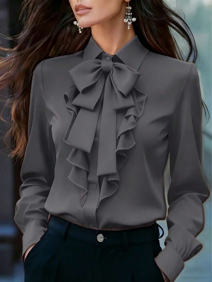 Women's Elegant Long Sleeve Blouse, Dark Grey With Tie Collar, Ruffle And Bow Details, Regular Fit Top, Suitable For Work, Spring, Autumn - Dark Grey - View 1