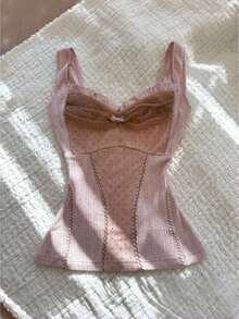 Women's Cute Knit Tank Tops Fairy Grunge Sweetheart Neck Mesh Patchwork Cami Tops Teen Girls Fairy Grunge Slim Fit Crop Vest Tops Sweet Ruffled Trim Corset Tops Teen Girls E-Girls Camisole For Summer Streetwear - 粉紅色和卡其色 - 查看 1