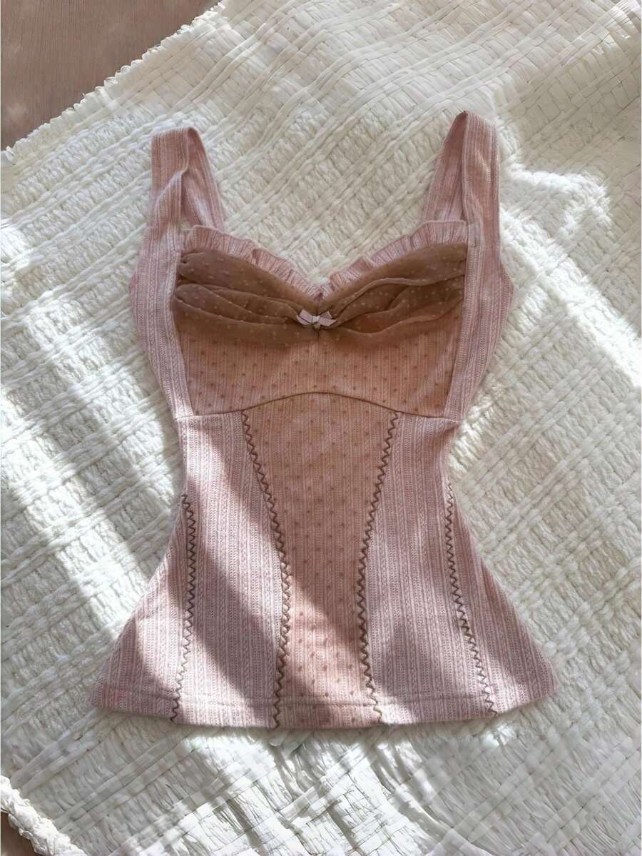 Women's Cute Knit Tank Tops Fairy Grunge Sweetheart Neck Mesh Patchwork Cami Tops Teen Girls Fairy Grunge Slim Fit Crop Vest Tops Sweet Ruffled Trim Corset Tops Teen Girls E-Girls Camisole For Summer Streetwear - 粉紅色和卡其色 - 查看 1