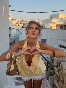 Women's Elegant Casual Halter Neck Top - Deep V-Neck, Backless, Halter, Front Pleated, Mushroom Button, Lightweight, Spring/Summer - Yellow - View 3