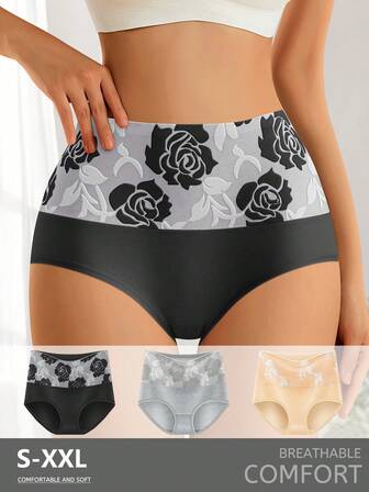 3 Stück Hohe Taille Formende Elegante Rose Damen Slips, Komfortabel Atmungsaktiv Hautfreundlich, Ideale Geschenkwahl für Feiertage