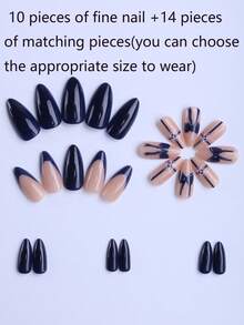 24片杏仁形美甲贴片，蓝色法式风格，白色点缀，饰有蝴蝶结、雪花和线条图案。杏仁形美甲酷炫精致，独特风格，完美适用于派对、活动和日常佩戴。