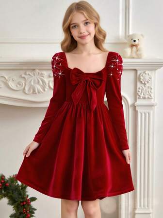 女童蝴蝶结腰部串珠长袖连衣裙，优雅