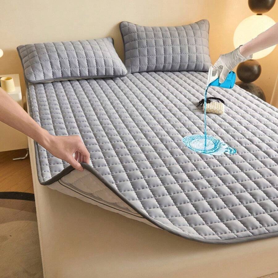 1件绗缝防水床垫垫（不含枕套和枕头），薄款床垫套，适用于单人床或双人床，柔软舒适纯色床垫套，深灰色，适用于家庭卧室、酒店、养老院，防水防漏