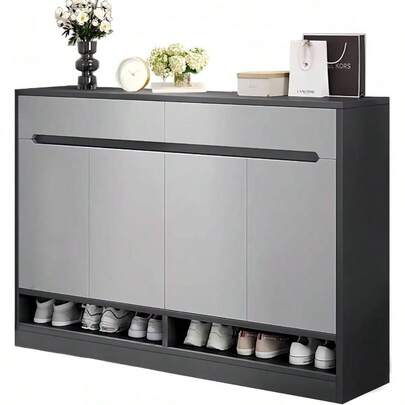 【改良木材】シューズラック 下駄箱 シューズボックス 4扉 32奥行きx120幅x101. 5高さcm 大容量 引き出し付き 木製 シューズキャビネット 靴棚 靴収納ラック コンパクト 省スペース 収納便利 防塵 防臭 通気 玄関 廊下用 日本語説明書付き(グレー)