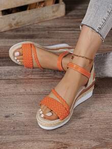女童坡跟凉鞋，单带编织设计高跟休闲度假露趾凉鞋 - 橘色 - 查看 4