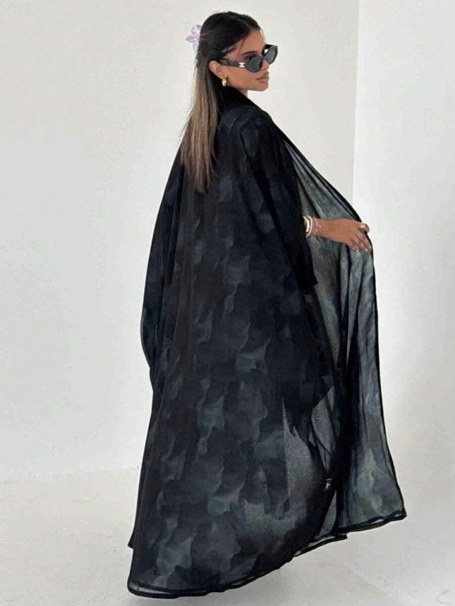 2件組女款套裝,優雅黑色內裡花卉印花拼接袖波希米亞夾克,優雅開襟衫連身裙外袍,度假秋季款 - 黑色 - 查看 1