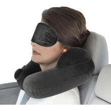 Almohada de Viaje, Almohada de Cuello, Almohada Inflable Desinflado con Máscara de Ojos, Tapones para los oídos Ruidosos, Bolsa con Cordón, Soporte de Cuello, para Avión, Oficina, Automóviles y Hogar,38206936 - Azul - Ver 1