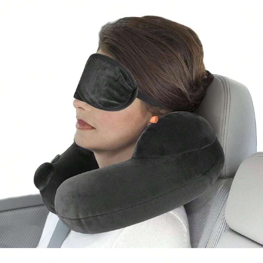 Almohada de Viaje, Almohada de Cuello, Almohada Inflable Desinflado con Máscara de Ojos, Tapones para los oídos Ruidosos, Bolsa con Cordón, Soporte de Cuello, para Avión, Oficina, Automóviles y Hogar,38206936 - Azul - Ver 1