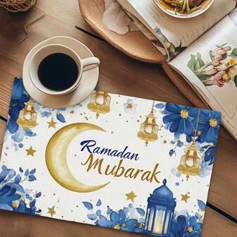 4 piezas de individuales con tema de Ramadán, decorados con medias lunas doradas y patrones de flores de linterna. Adecuados para reuniones, comidas y decoraciones festivas. Tamaño: 30x45cm, aplicable para decoración del hogar, decoración de mesa festiva, decoración de estilo de granja, material lavable y duradero, decoración de mesa festiva y entretenimiento en el hogar.