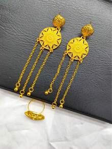 1 Necklace, 1 Bracelet, 1 Pair Of Earrings, 1 Ring - 4pcs/Set Fashionable Women's Gold-Plated Round Tassel Pendant Jewelry Set, Suitable For European, Middle Eastern, Dubai, Saudi Arabia, African Bride, Wedding, Party, Date, Halloween, Mother's Day, Wedding Season, Graduation Season, Christmas, New Year, Valentine's Day Holiday Gifts, Necklace, Earrings, Bracelet, Alloy Jewelry - Yellow Gold - View 4