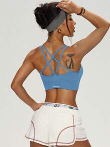 PinkTip Cross-Back Shaping Sports Bra, Built-In Bra Cup, Supportive, Seamless Fit, Suitable For Yoga And Casual Sports - Dusty Blue - View 6