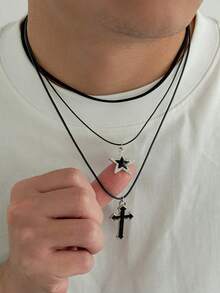 3件套哥特式几何蜡线十字架及水钻五角星吊坠项链，朋克嘻哈风，适合度假、派对、休闲、街头、婚礼、摇滚、情侣、节日、生日等场合，百搭礼物 - 項鍊 - 查看 10