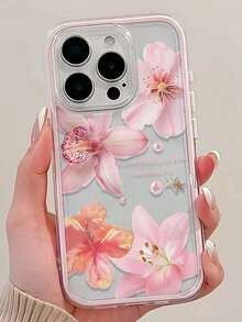 1pc Lily Flower & English Text Pattern Pink Edged Transparent Full Coverage Shockproof Phone Case Compatible With IPhone 11 12 13 14 15 16 17 Pro Max - Multicolor - View 2