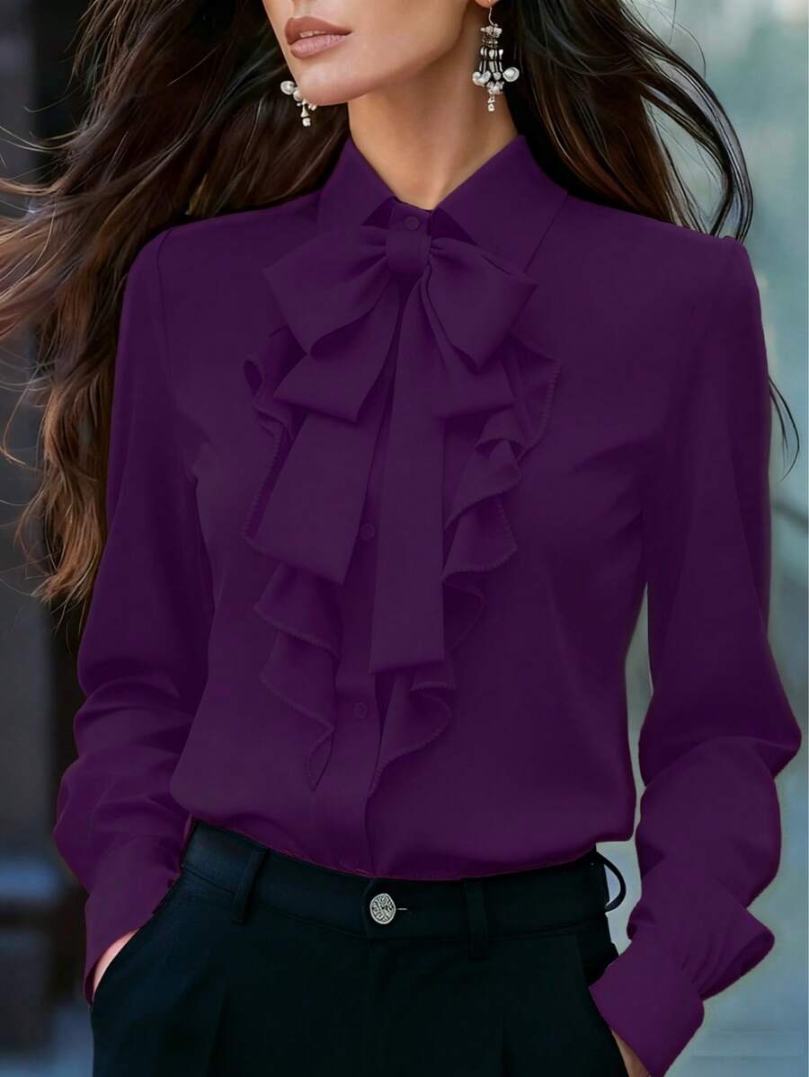 Women's Elegant Long Sleeve Blouse, Purple Tie Collar With Ruffle And Bow Details, Regular Fit Top, Suitable For Work, Spring, Autumn - Purple - View 1