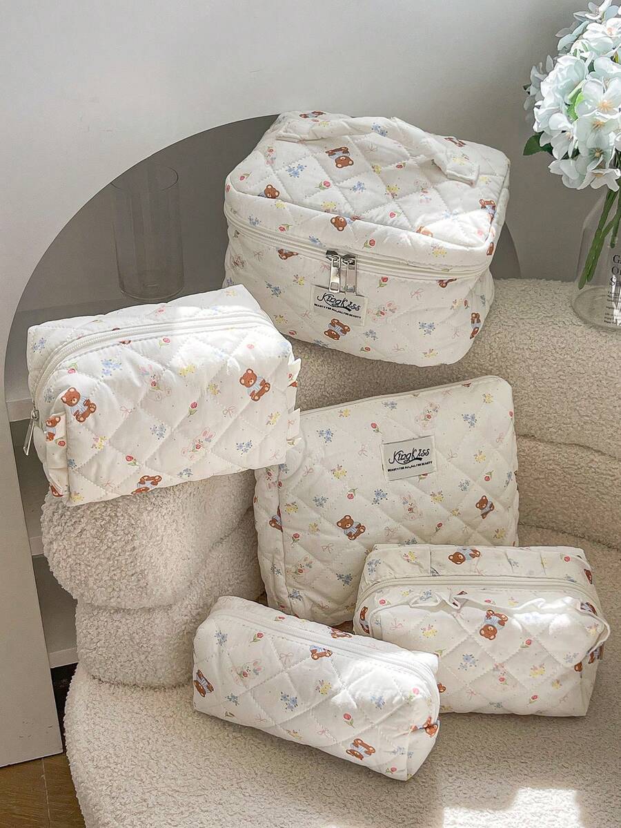 1pc Beige Floral Bow Bear Rabbit Quilted Makeup Bag, Large Capacity Portable Zipper Makeup Pouch, Suitable For Travel & Vacation, Can Store Sanitary Pads, Keys, Phones, Chargers, Lipsticks, Cosmetics, Perfumes, Makeup Brushes, Ideal Storage For Skincare & Beauty Products, Suitable For Women, Students, Girls, Also A Perfect Gift For Holidays & New Year - Beige - View 1