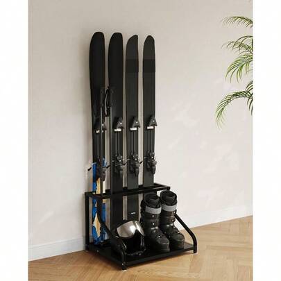 Ski Storage Rack, Steel Free Standing Ski Organizer For 4 Skis, Boots, Poles, Helmet, Goggles, Multi-Purpose Indoor Snowboard Rack, Winter Gear Holder For Garage, Basement, Entryway, 23"X19"X16"
