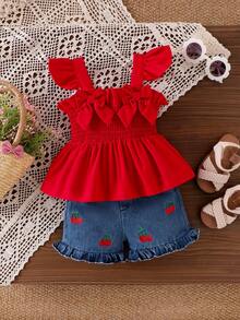 2pcs Baby Girl Sweet & Spicy Style Backless Bow Tie Sleeveless Ruffle Strap Camisole Top And Cherry Embroidery Ruffle Hem Denim Shorts Set - Red - View 2