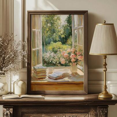 1pc Canvas Wall Art With Frame Vintage Rose Window Wall Art Rustic Pastel Interior Art Cozy Cottage Garden View Elegant Wall Decor Floral Home Decor Painting Spring Decorations Farmhouse Decor Art Modern Home Decor Room Decor Aesthetics College-Style Poster Dorm Room Decor Bedroom Decor Living Room Decor Bathroom Decor Kitchen Decor Spring Decor