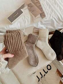 5 Pairs Thick Solid Color Wool Socks, Warm Thermal Lined Snow Socks, Hand Wash & Machine Wash - Multicolor - View 3