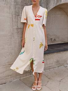 Women's Loose Letter Print V-Neck Button Down Dress, Summer - Multicolor - View 1