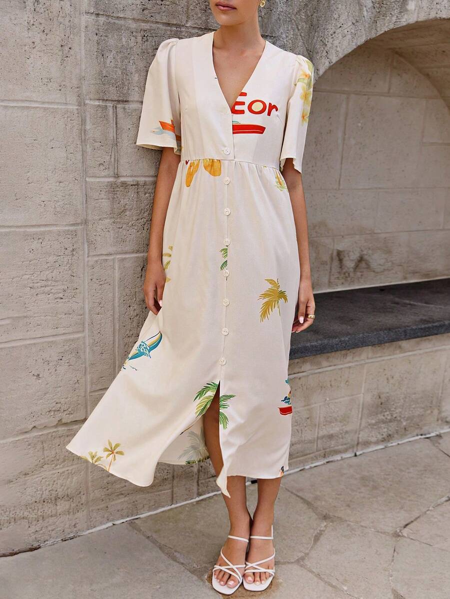 Women's Loose Letter Print V-Neck Button Down Dress, Summer - Multicolor - View 1