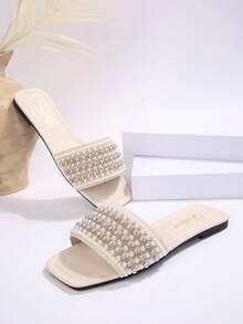 41码大码金色女士凉鞋，春夏新款斋月平底方头凉鞋，搭配连衣裙拉长腿部线条，时尚水钻绑带拖鞋，漂亮女孩夏季沙滩拖鞋，防滑室内拖鞋，可爱女孩塑料拖鞋43码 - 白色 - 查看 2