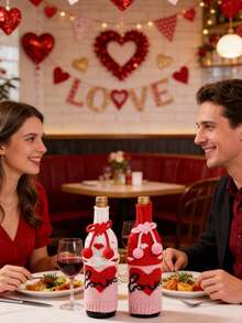 2个情人节小矮人葡萄酒瓶套，情人节针织葡萄酒瓶套，瑞典小矮人葡萄酒瓶塞，粉色爱心蝴蝶结设计，粉色爱心北欧风格，适合家居装饰、情人节、婚礼、餐桌、派对礼物 - 彩色 - 查看 6