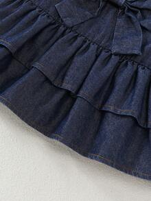 Girls' Summer Outfit - Sleeveless Ruffle Strap Top With Bow Accent, Paired With Ruffled Hem Casual Denim Shorts, Suitable For Summer Travel, Beach, Or Everyday Wear - Dark Wash - View 6