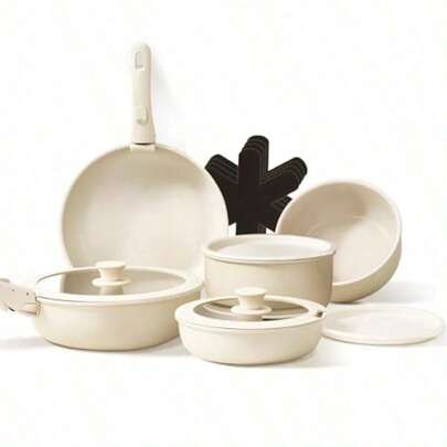 Cooking Sets &OSLIFE Batería de Cocina Ceramica de 15 Piezas con Mango Desmontable y Tapa Juego de Ollas y Sartenes Antiadherentes con Alfombrilla para Sartén