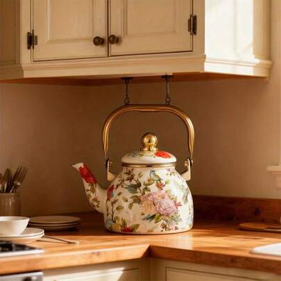 This Elegant Enamel Floral Pattern Kettle With A Gold Handle Is A Perfect Outdoor Kettle For Brewing Tea By The Fireplace. Made Of Metal Enamel, This Teapot Is Ideal For Brewing Tea, Coffee, Milk, And Water – Making It Perfect For Outdoor Activities,Tea Party,Camping, Picnics, And As A Gift For The Home.