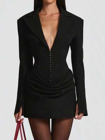 Stylish Deep V Neck Pencil Hem Bodycon Mini Dress For Women Long Sleeve Knitted Button Front Elegent Black Dress Women