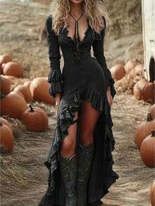 Women's Vintage Blue Ruffle Hem Dress - Long Sleeves V-Neck, Asymmetrical Detailing, Casual To Dressy, Bohemian Style, Bohemian Dress | Vintage Style Dress, Women's Evening Maxi Dress For Party, Dance, Concert, Holiday, Fashionable And Elegant Western Style - màu đen - Xem 2