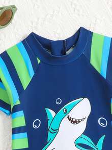 Young Boy Cartoon Shark Print Striped Raglan Short Sleeve Romper Shorts Swimsuit - Green - View 4