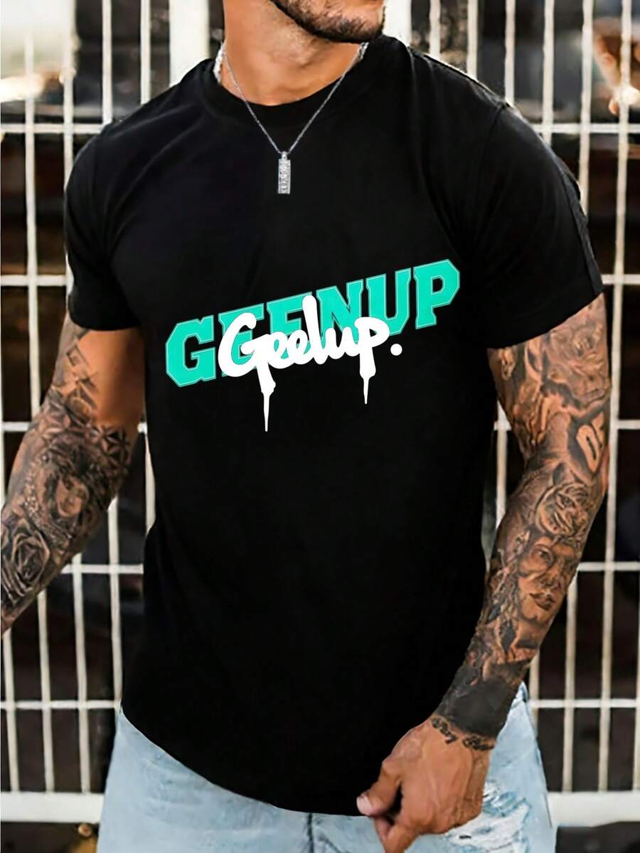 Geedup Logo - Letter Print T-Shirt - Casual Short Sleeve Round Neck Summer Top - Comfortable Knit Fit For Casual Attire & Layering - Machine Washable With Branding (Lettering Design) - 黑色 - 查看 1