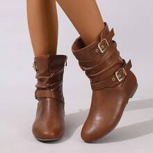 Brown Striped Buckle Pleated Mid-Calf Boots, Side Zipper, Flat Round Toe, Comfortable, Versatile, Suitable For Commute, Daily Wear, Vacation, All Season, Fashion Women's Boots,Cowgirl Boots - Brown - View 9