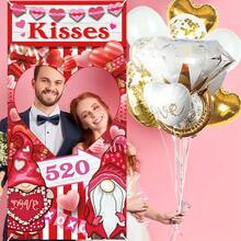 1 peça de banner para fotos de Dia dos Namorados com balões - Cenário romântico de poliéster com corações vermelhos, ideal para casamentos, chás de panela, aniversários e festas de noivado - Decoração versátil para as festas de primavera, para uso interno e externo. - Multicolorido - Ver 13