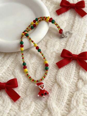 1pc Acrylic Bead Santa Claus Pendant Necklace, Cute & Simple, Suitable For Women's Daily Wear, Christmas, Holiday Party (OPP Bag Packaging)