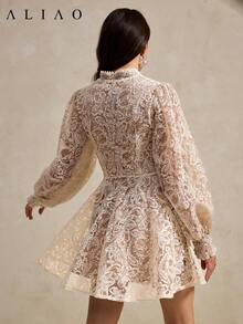 Aliao Elegant Paisley Embroidered See-Through Bubble-Sleeve Dress, Modest Dresses For Women, Old Money Style, Skirt For Ladies, Prom Party Dress, Homecoming Dress, Court Style, New Year, Valentine's Day Outfit, Elegant Ladies, Beach Outfit, Thanksgiving Outfit, Graduation - Apricot - View 7