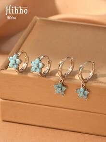 Hihho 6 件闪亮 Cz 宝石镶嵌花朵吊坠耳环和环形耳环套装，奢华珠宝礼物情人节、妈妈、母亲、母亲节、礼物