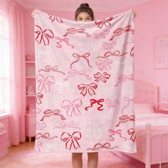 1pc Comfortable Bow Pattern Flannel Blanket, Bedroom Decor, Picnic Mat, Travel Blanket, Wool Blanket, Bed Blanket, Throw Blanket, Autumn Blanket, Summer Quilt, Bedroom Blanket, Soft Blanket, Sofa Cover, Soft Polyester Knitted Design, Multi-Purpose, Machine Washable, Bedding, A Fluffy Blanket And Casual Throw, Ideal Gift For Home, Travel, Outdoor